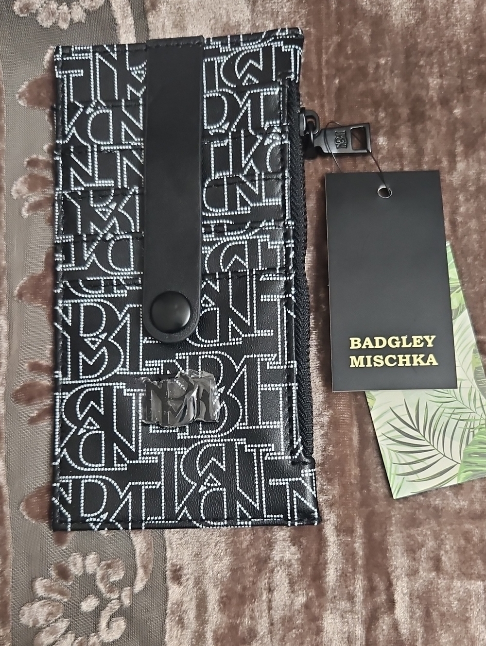 Badgley Mischka Black and White Logo Card Wallet with Snap Strap